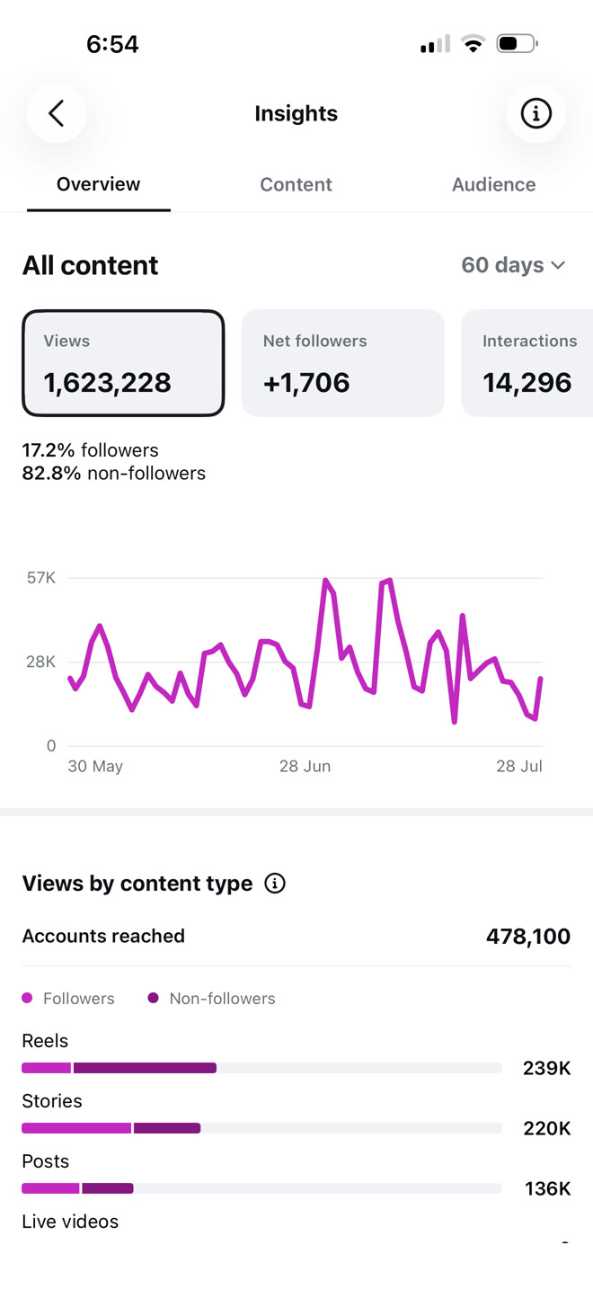 Instagram insights for a client account — +1,706 net followers and 1.6M views over 60 days